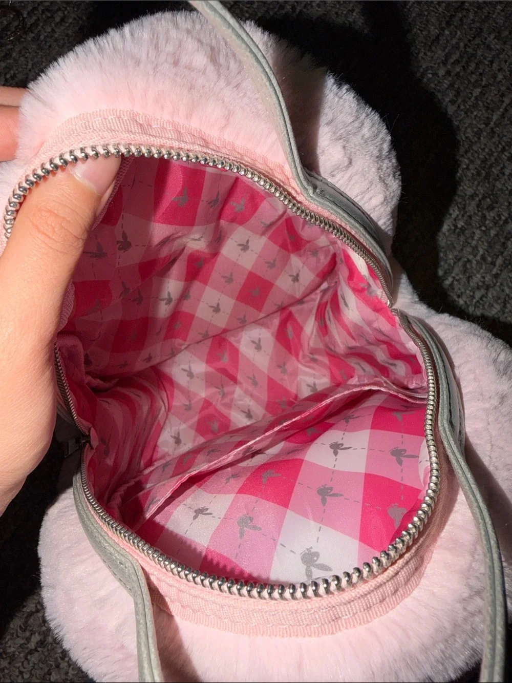 Plush Pink Playboy Backpack with Pom Keychain